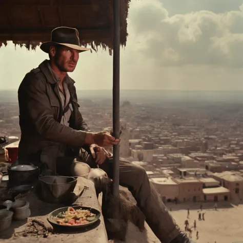 Indianajones Person eating meal, Morroco city in the background, Sideshow, eerie moody, iconic hat, film grain movie scene.