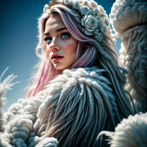 cotton candy queen women goddess 8k resolution rendered hyper realistic intricate detail lives in an frosty ice bubble, a fancif...