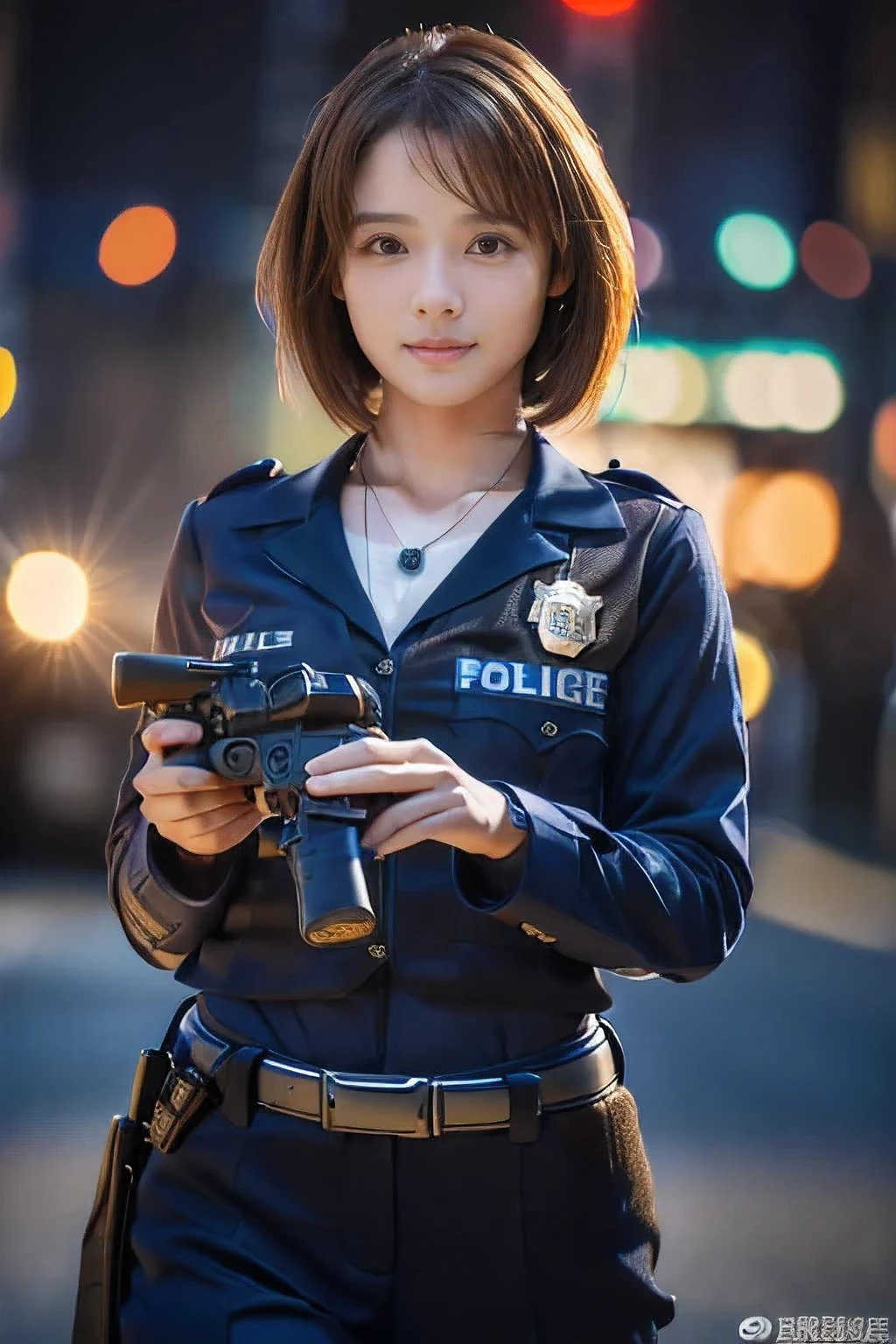 (An 18-year-old female police officer holding a pistol:1.5)、(Stern face:1.2)、(The best quality at its best:1.4), (Super detailed), (Very detailed CG unified 16k), Beautiful woman with perfect figure: 1.4, Sharp focus: 1.2, Very detailed, High-quality RAW color photos, Professional photography, Great face and eyes, cosmetics, (Amazingly beautiful girl), ((police officer uniform:1.5)), Sexy posture，(View from below), Realistic movie faces, Full body long view from head to toe, Realistic, ((Realistic natural orange red hairstyle, Realistic blue eyes)), ( Short Bob Hair:1.5), (necklace:1.5)、, Very beautiful face, Perfect model beauty, Mouth swelling, Highly detailed face and skin texture, Fine grain, double eyelid, Medium chest, smile, (masterpiece), highest quality, High resolution, Very detailed, Blurred Background, Depth of written boundary, Cinema Lighting, Great legs, , Clear, well-maintained skin,