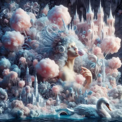 cotton candy queen women goddess 8k resolution rendered hyper realistic intricate detail lives in an frosty ice bubble, a fancif...