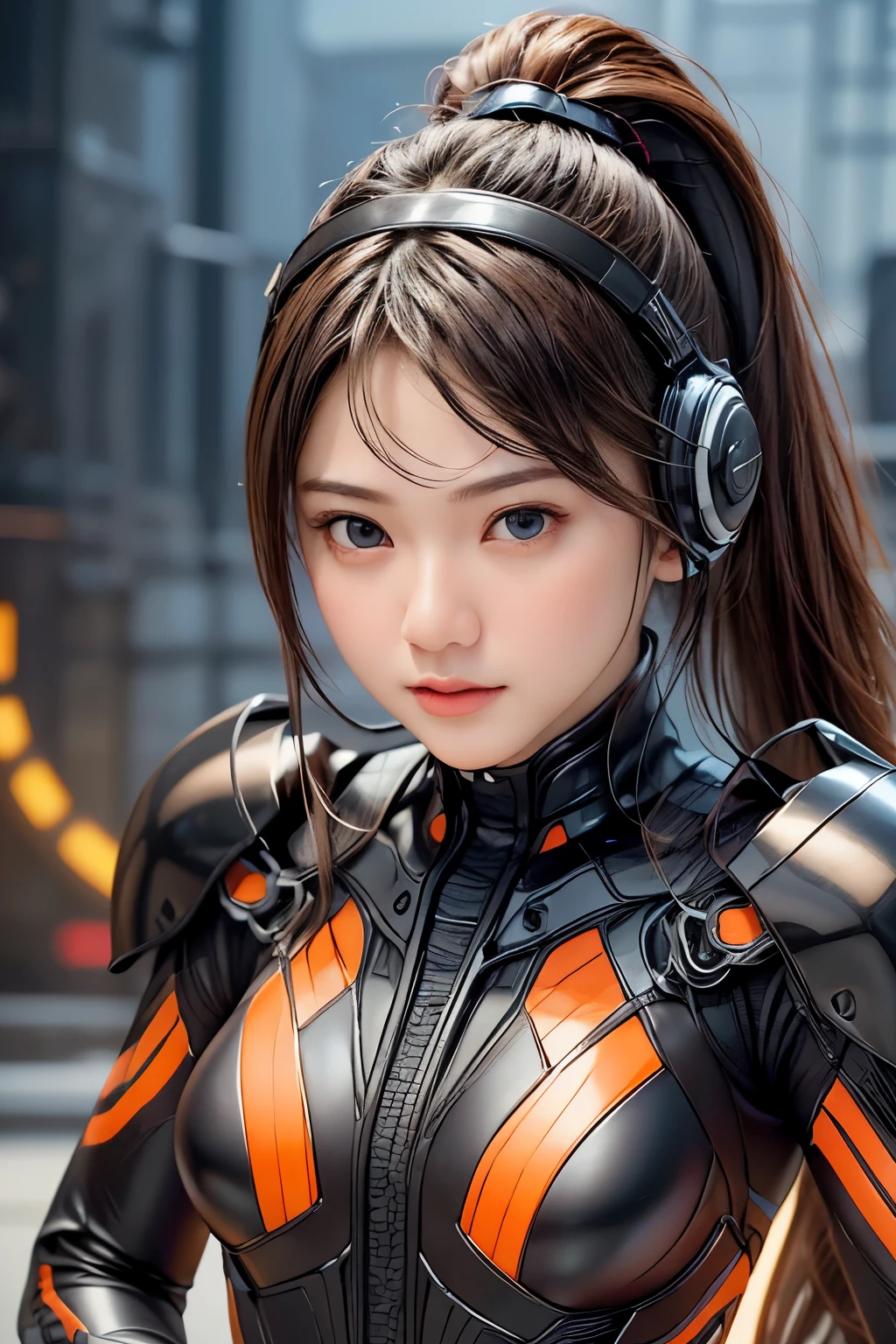 Top Quality, Masterpiece, Ultra High Resolution, (Photorealistic: 1.4), Raw Photo, 1 Girl, Black Hair, Glossy Skin, 1 Mechanical Girl, (((Ultra Realistic Details)), (realistic face: 1.2), realistic skin, Global Illumination, Shadows, Octane Rendering, 8K, Ultra Sharp, Intricate Ornaments Details, wearing Futuristic Headphone,  Futuristic headgear, very intricate detail, realistic light, CGStation trend, brown eyes, glowing eyes, matte black and glossy orange bodysuit, orange lining on suit, Long hair, Ponytail hair, half body shot, spaceship bridge background, dynamic pose, she claps her hands 