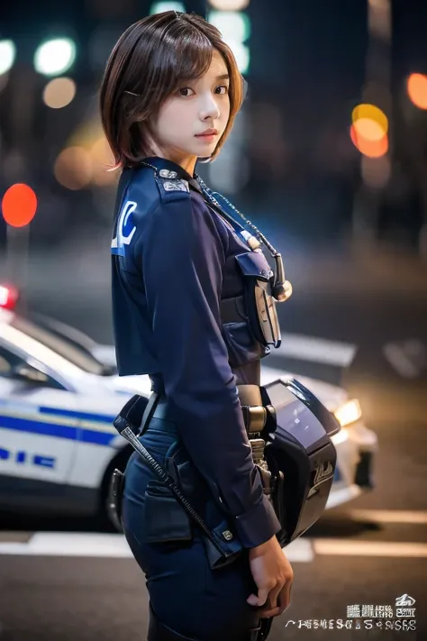 (an 18-year-old female police officer holding a pistol:1.5)、(stern profile:1.2)、(the best quality at its best:1.4), (super detai...