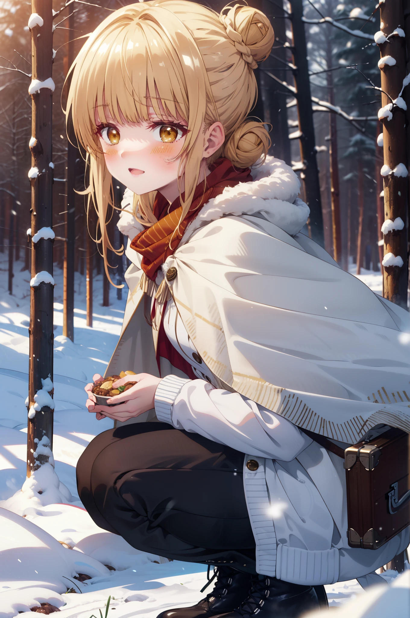 This is Mahirshina, Mahiru shiina, blonde, (Brown eyes:1.7), Long Hair, happy smile, smile, Open your mouth,Hair Bun, single Hair Bun,blush,White Breath,
Open your mouth,snow,Ground bonfire, Outdoor, boots, snowing, From the side, wood, suitcase, Cape, Blurred, Increase your meals, forest, White handbag, nature,  Squat, Mouth closed, フードed Cape, winter, Written boundary depth, Black shoes, red Cape break looking at viewer, Upper Body, whole body, break Outdoor, forest, nature, break (masterpiece:1.2), highest quality, High resolution, unity 8k wallpaper, (shape:0.8), (Beautiful and beautiful eyes:1.6), Highly detailed face, Perfect lighting, Highly detailed CG, (Perfect hands, Perfect Anatomy),