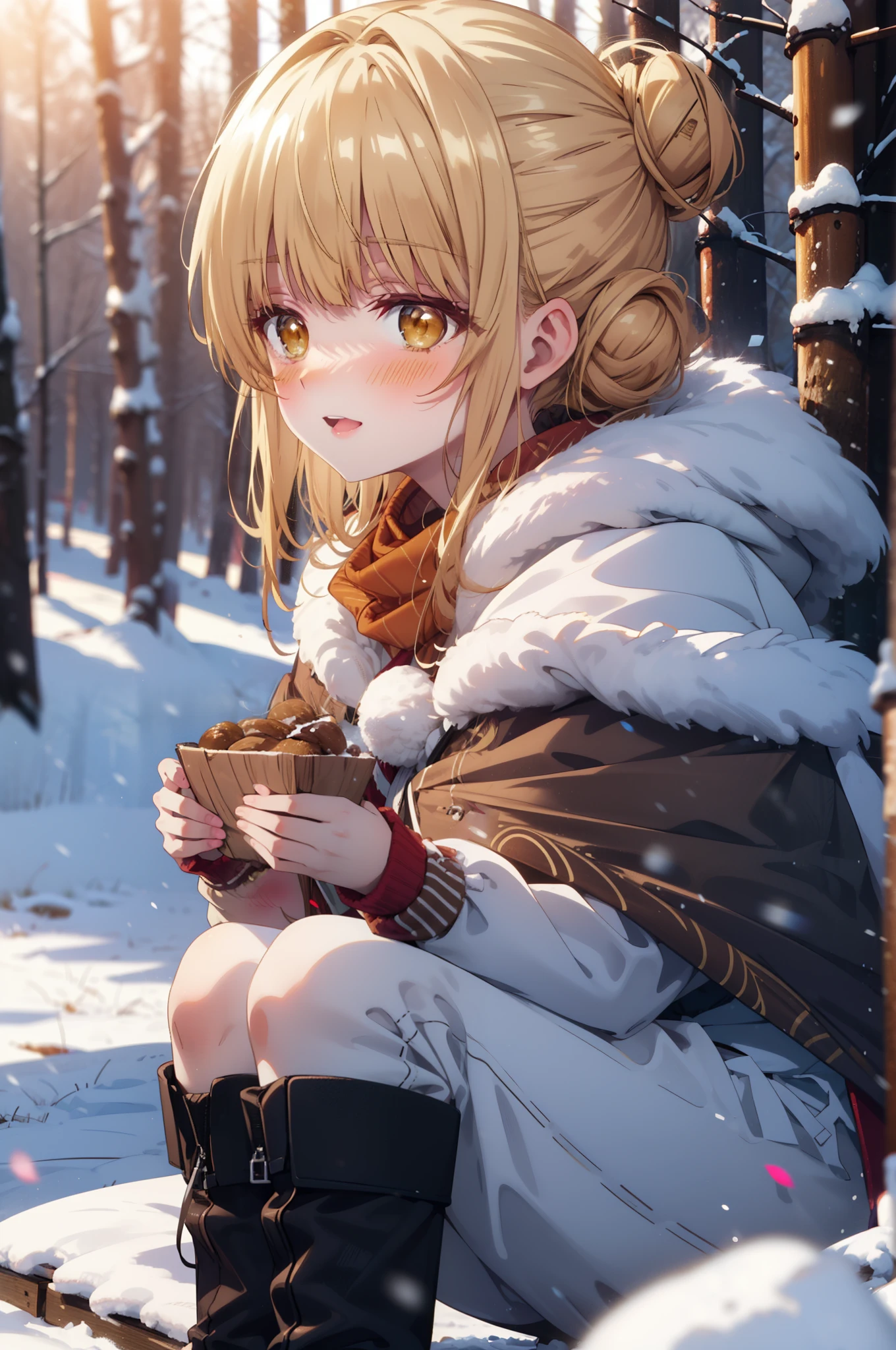 This is Mahirshina, Mahiru shiina, blonde, (Brown eyes:1.7), Long Hair, happy smile, smile, Open your mouth,Hair Bun, single Hair Bun,blush,White Breath,
Open your mouth,snow,Ground bonfire, Outdoor, boots, snowing, From the side, wood, suitcase, Cape, Blurred, Increase your meals, forest, White handbag, nature,  Squat, Mouth closed, フードed Cape, winter, Written boundary depth, Black shoes, red Cape break looking at viewer, Upper Body, whole body, break Outdoor, forest, nature, break (masterpiece:1.2), highest quality, High resolution, unity 8k wallpaper, (shape:0.8), (Beautiful and beautiful eyes:1.6), Highly detailed face, Perfect lighting, Highly detailed CG, (Perfect hands, Perfect Anatomy),