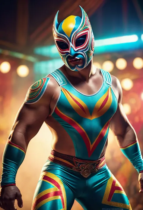 a luchador masked wrestler, idol,detailed muscular body,powerful stance,colorful spandex costume,mexican wrestler,detailed face ...