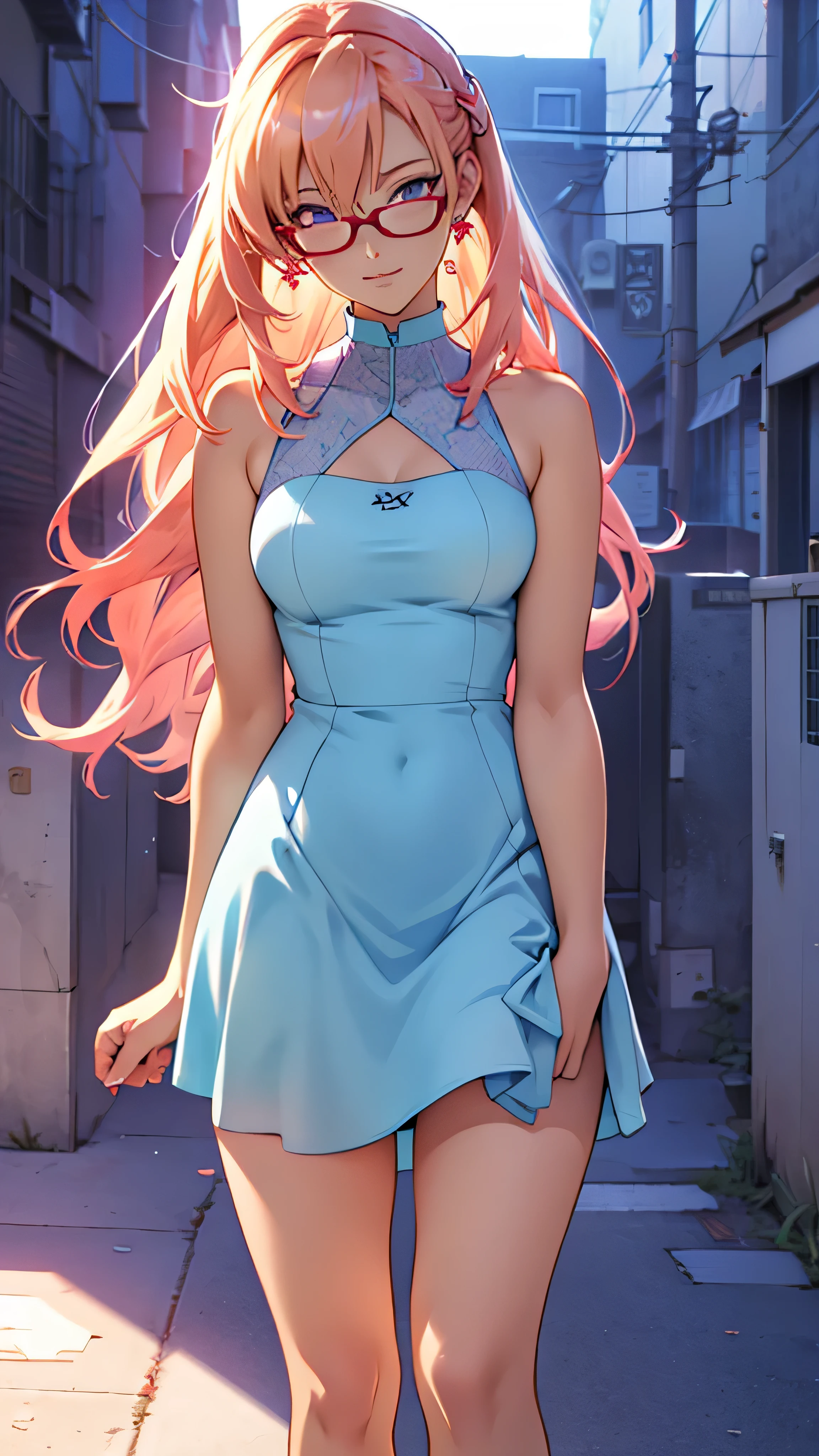 anime,An illustration,purple robot,Mobile Suit,Dom,Light blue check dress,Red Glasses,Blonde,Light blue mesh hair,beautiful girl,Sora Sakurano,one person