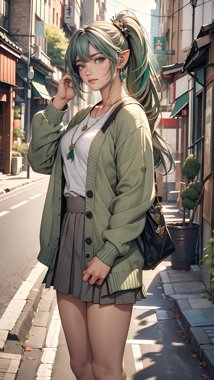 masterpiece , highest quality,Nahida(Genshin Impact) ,One girl , Small breasts,Long Hair ,Side Ponytail, hair ornaments , Gray Hair , Green Hair , Place your hands behind your head:1.5,Multicolored Hair, Fairy , Pointed Ears ,  , skirt ,cardigan,road , street,Looking at the audience