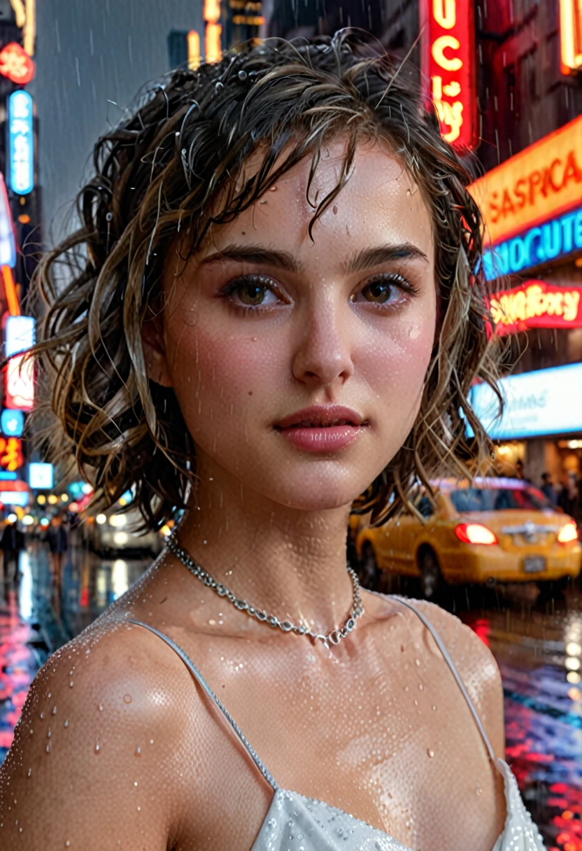 Looking into the camera, Bust Shot, Mix 4,(8k, RAW Photos, highest quality, masterpiece:1.2), (Realistic, photo-Realistic:1.37),1girl,cute,Cityscape, night, rain, Wet, Professional Lighting, Photon Mapping, Radio City, Physically Based Rendering, Gradient black hair, Gray Hair, Short Curly Hair, good looking, girl, White ball suit, Superior Quality, High resolution, 1080p, (Beautiful face), (Detailed facial depiction), (Detailed description of the hand ),(masterpiece),(Detailed CG),Extreme light and shadow, Messy Hair, masterpiece, Rich details,(exquisite features),(highest quality),(masterpiece),(Delicate eyes),I look forward to seeing you, Beautiful clavicle