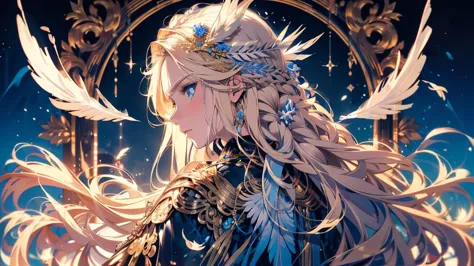 4k quality:1.2,very beautiful illustration:1.2,seraph,((six white feathers on the back)),blonde,long hairstyles,((beautiful coba...