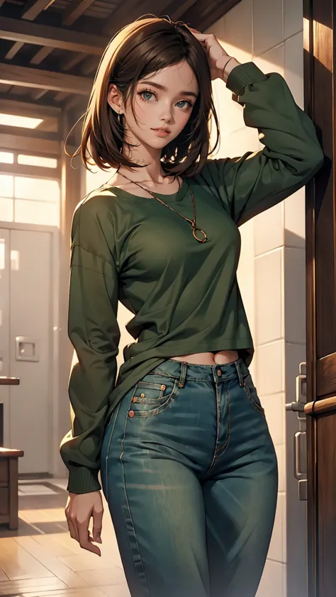 Female anime character wearing a black long sleeve shirt and blue jeans, Short brown hair, Neck length, Green Eyes, Tomer Hanuka...