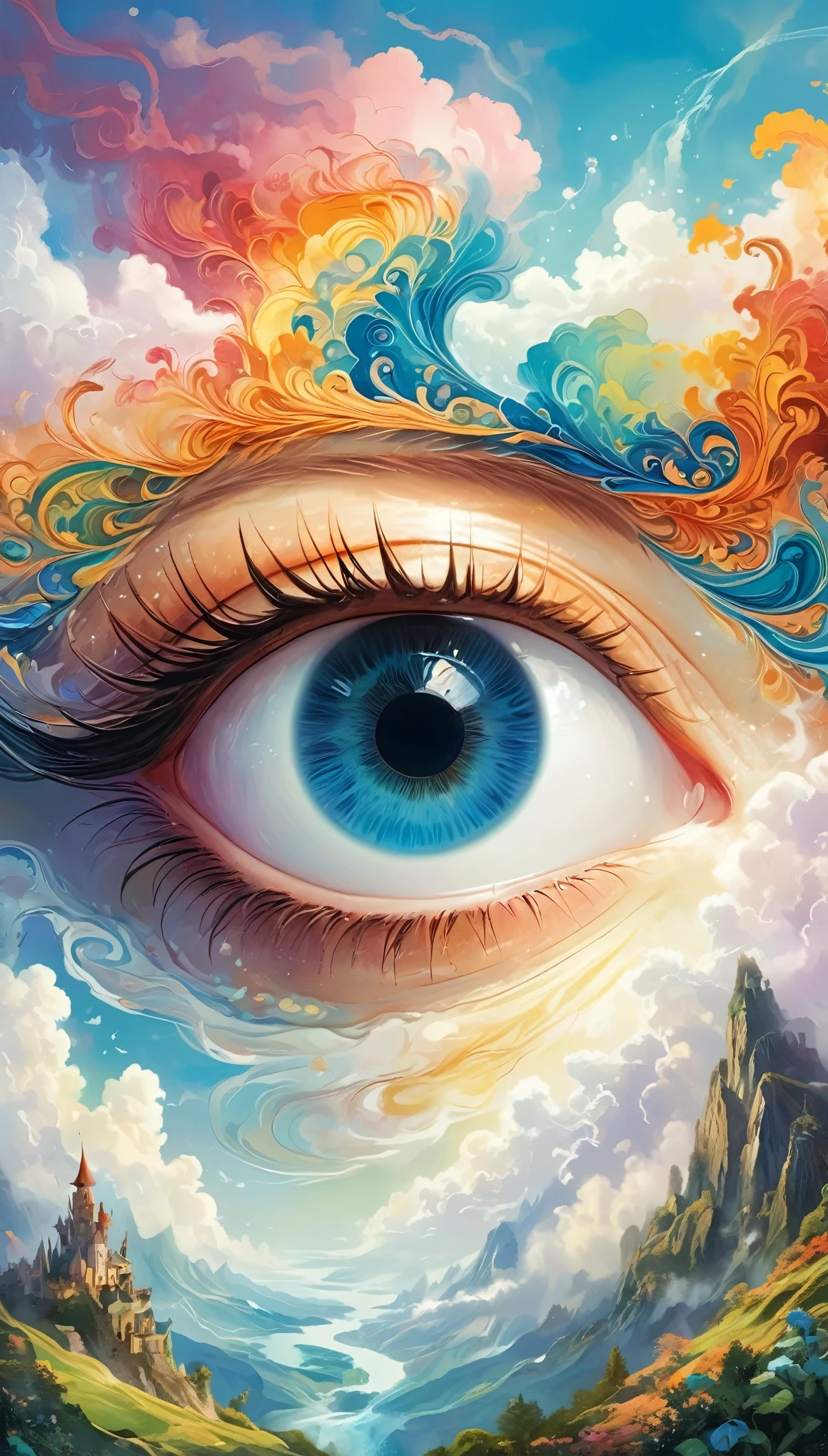 high-resolution, ultra-detailed illustration of an extreme close-up of a fantastical eye, surrounded by swirling clouds. the eye is depicted with mesmerizing detail, featuring intricate patterns and vivid colors that evoke a sense of magic and mystique.the clouds form a dreamy backdrop,with wisps of mist and ethereal light adding to the surreal atmosphere.the composition exudes a sense of wonder and enchantment, inviting viewers into a world of fantasy and imagination. professional illustrator,digital painting, 4k resolution,captivating depiction of fantasy and clouds., watercolor, trending on artstation, sharp focus, studio photo,intricate details, highly detailed, by greg rutkowski