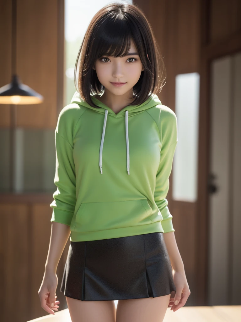 (8k, RAW Photos, highest quality, Tabletop:1.2), (Realistic, Photorealistic:1.4), (Highly detailed 8k wallpaper), Sharp focus, Depth of written boundary, Blur the background, Bokeh, Cinema Lighting, Soft Light, (whole body), 1 girl,18 years old famous Japanese idol, Perfect female body, indoor, (Lime green hoodie and black micro mini skirt : 1.3), (Long, slender legs), (smile), Glossy lips, Beautiful fine details,Natural Makeup, Shiny and smooth light brown short bob hair, Asymmetrical bangs, Shiny skin, Center image, High resolution, Attention to detail, Detailed hairstyle, Detailed face, 素晴らしいCinema Lighting, Octane Rendering, Vibrant, Ultra-realistic, Perfect limbs, Perfect Anatomy