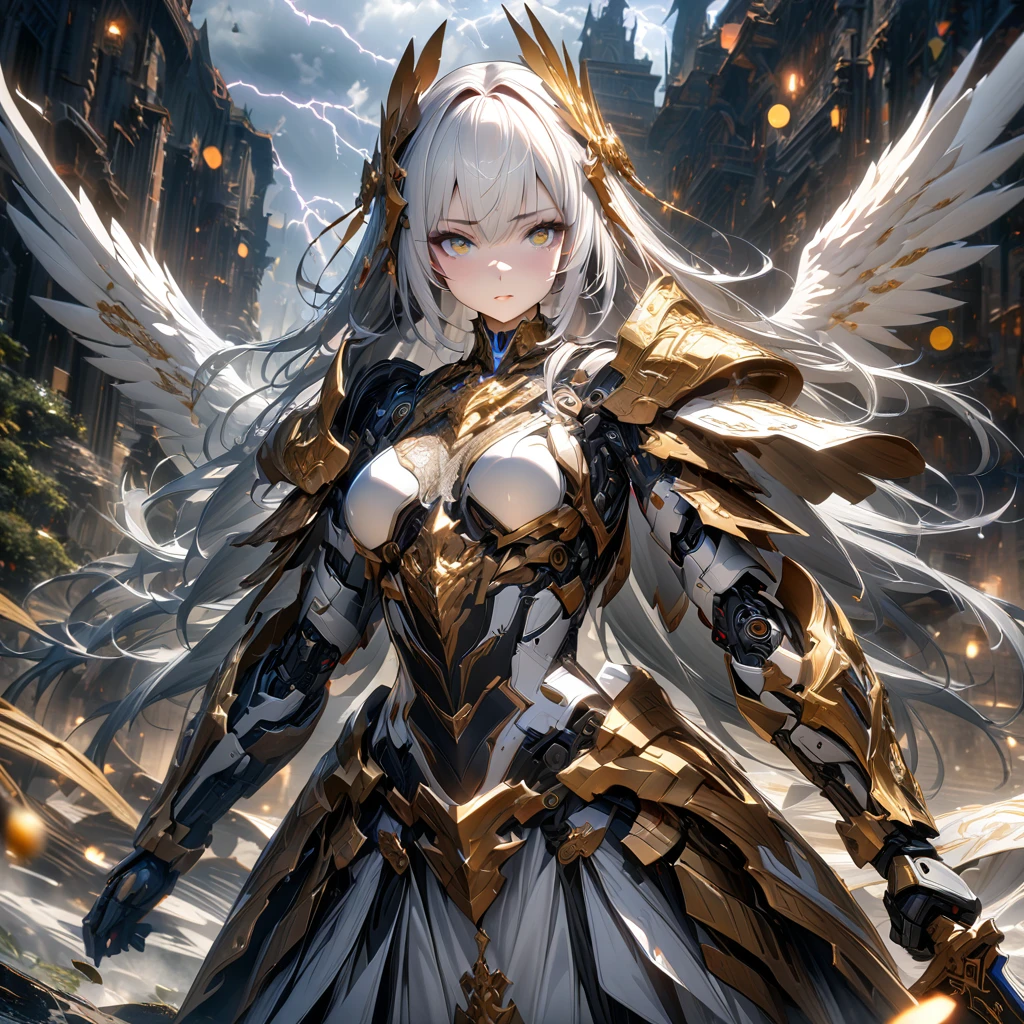 8k, 1girl, robot girl, long white hair, cyborg style, wearing luxurious white armor, numerous gold decorations on armor, white winged unicorn with white cyborg style, (girl on a unicorn raise a great sword,), many clouds, lightning, (best quality,4k,8k,highres,masterpiece:1.2),ultra-detailed,,HDR,UHD,studio lighting,ultra-fine painting,sharp focus,physically-based rendering,extreme detail description,professional,vivid colors,bokeh,fantasy,dramatic lighting,cinematic composition