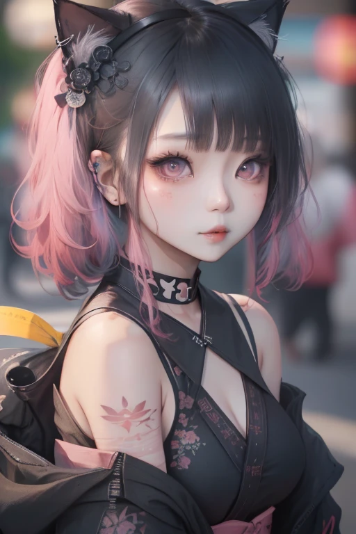 Close-up of woman with tattoo on chest，Ruan cute vtuber，korean girl，Very beautiful and cute cat girl，cutecore，Beautiful Korean woman，seductive anime girl，Beautiful asian girl，Taiwanese girl with tattoos，Popular on cgstation，Gorgeous young Korean woman，girl cute slender face，Chinese girl hair pink pink hair decorated with a little blue