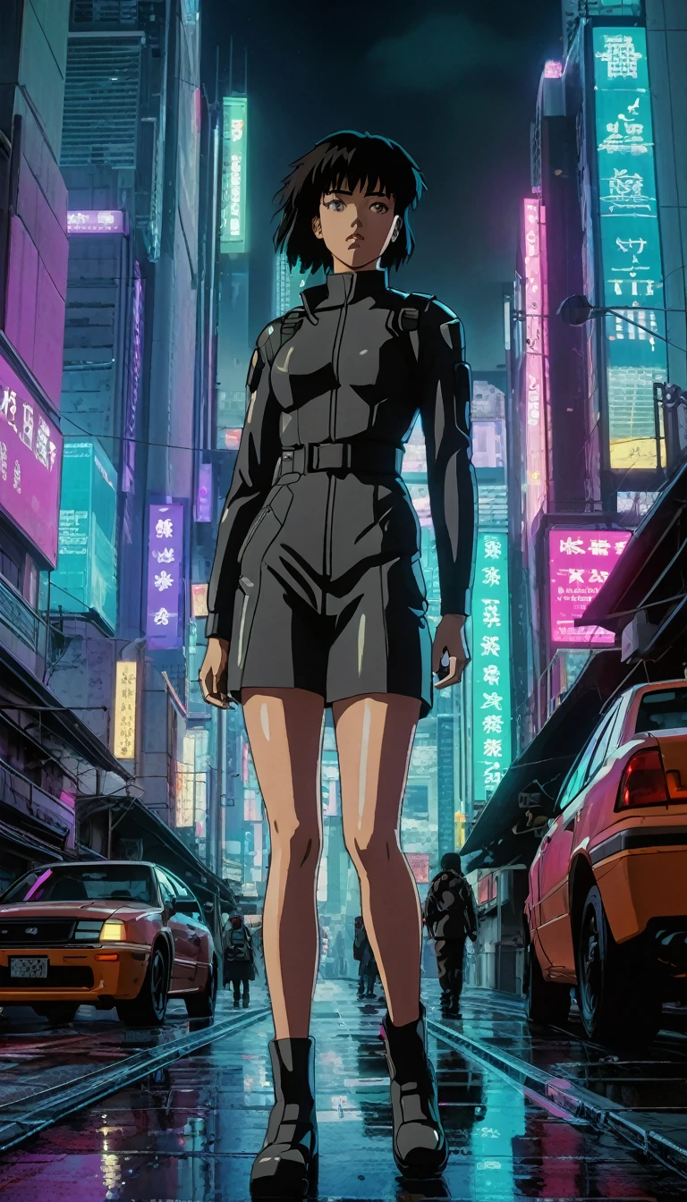 90s anime style cyberpunk portrait of Motoko Kusanagi, dynamic action pose holding gun, detailed cybernetic body, dark toned colors, chiaroscuro lighting, photorealistic, intricate mechanical details, highly detailed face and eyes, dramatic shadows, 8k, cinematic composition
