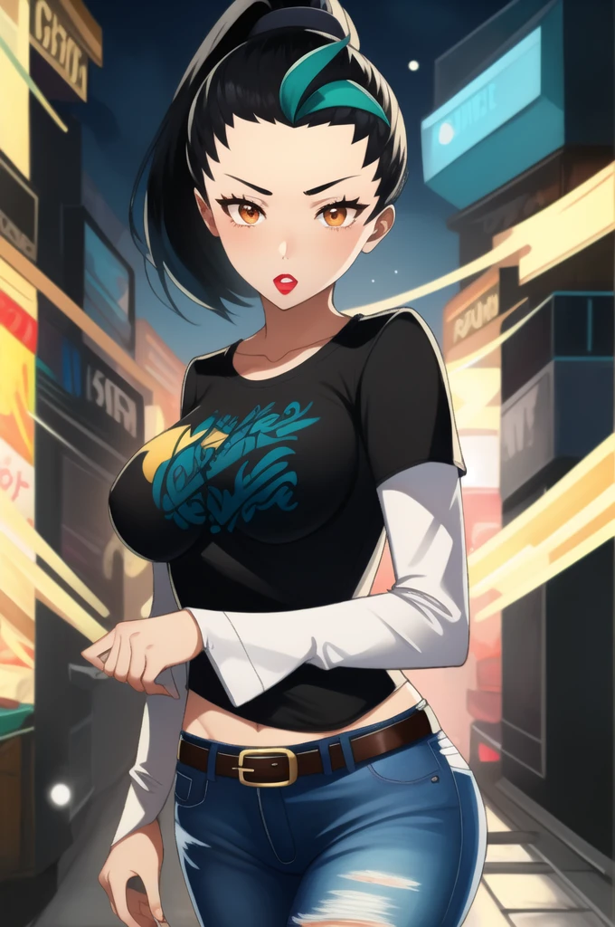 (masterpiece, best quality), nemona, long hair, orange eyes, ponytail, 1girl, solo, standing, black t-shirt, white shirt, blue jeans, belt, lipstick, large breasts, layered sleeves