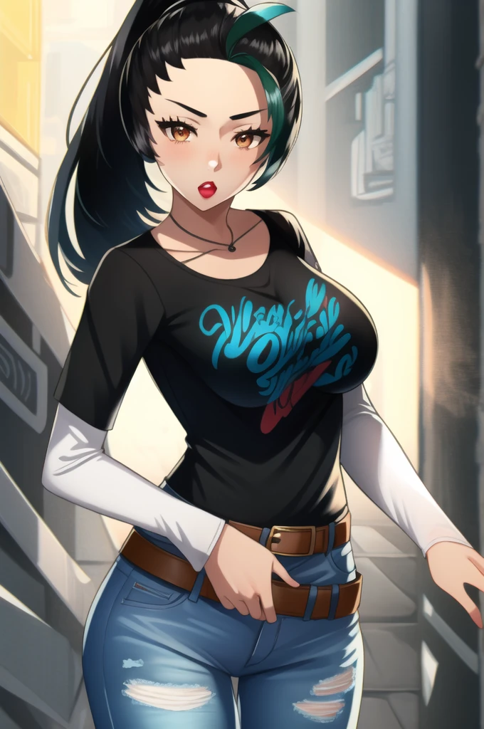 (masterpiece, best quality), nemona, long hair, orange eyes, ponytail, 1girl, solo, standing, black t-shirt, white shirt, blue jeans, belt, lipstick, large breasts, layered sleeves