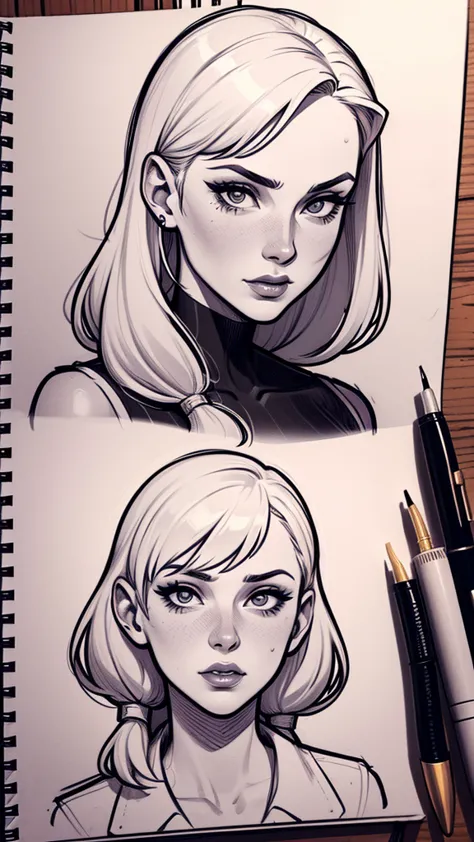 Sketchbook lineart stamps have a sketchy style ( desenho de uma mulher com umae cabelo preto, estilo de arte de charlie bowater,...