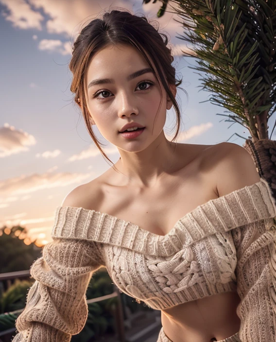 (beautiful face of young girl, Highly detailed), (realisitic,８K)、Single Female、28 year old、 (extremely detailed CG unified 8k wallpaper),  Professional Photography, Realistic Photos, (off-the-shoulder sweater:1.8), (cleavage:1.5),（big breast）、（Futomo）、 (Christmas, Christmas Ornaments, Christmas tree),  (Sheer lace panties:1.3), （placket、Tongue stock、winc）、 Beautiful sunset, depth of fields, (View from below:1.3),Looking at the camera、Light reflected in the eyes、