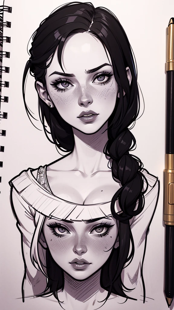 Los sellos de sketchbook lineart tienen un estilo incompleto. ( dibujo de una mujer con cabello negro, estilo de arte de charlie bowater, Arte de personaje de Charlie Bowater, desenhado no estilo tipo germen, Estilo Charlie Bowater, tipo germen. alto detalle, tipo germen style, retrato de personaje de primer plano, tipo germen portrait, style tipo germen, Neoartcore y Charlie Bowater Los sellos tienen un estilo esbozado Cuaderno de bocetos 