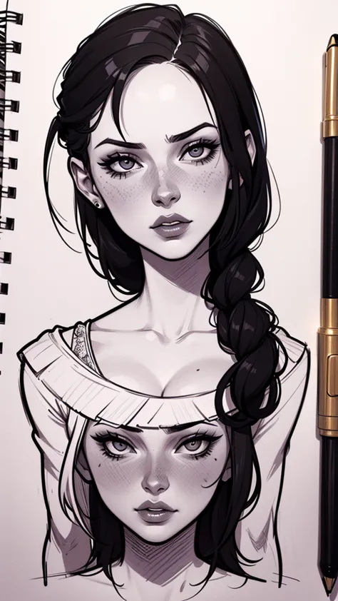 Sketchbook lineart stamps have a sketchy style ( desenho de uma mulher com umae cabelo preto, estilo de arte de charlie bowater,...