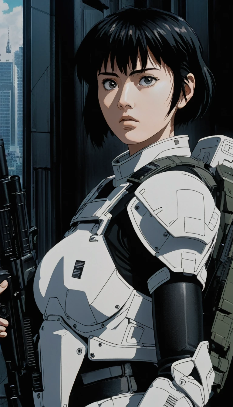 (best quality,4k,8k,highres,masterpiece:1.2),ultra-detailed,(realistic,photorealistic,photo-realistic:1.37),highly detailed 90s anime style portrait,Motoko Kusanagi,Ghost in the Shell,black and white armor,gun in hand,partially invisible camouflage,cinematic lighting,dramatic shadows,moody atmosphere,digital painting, movie poster