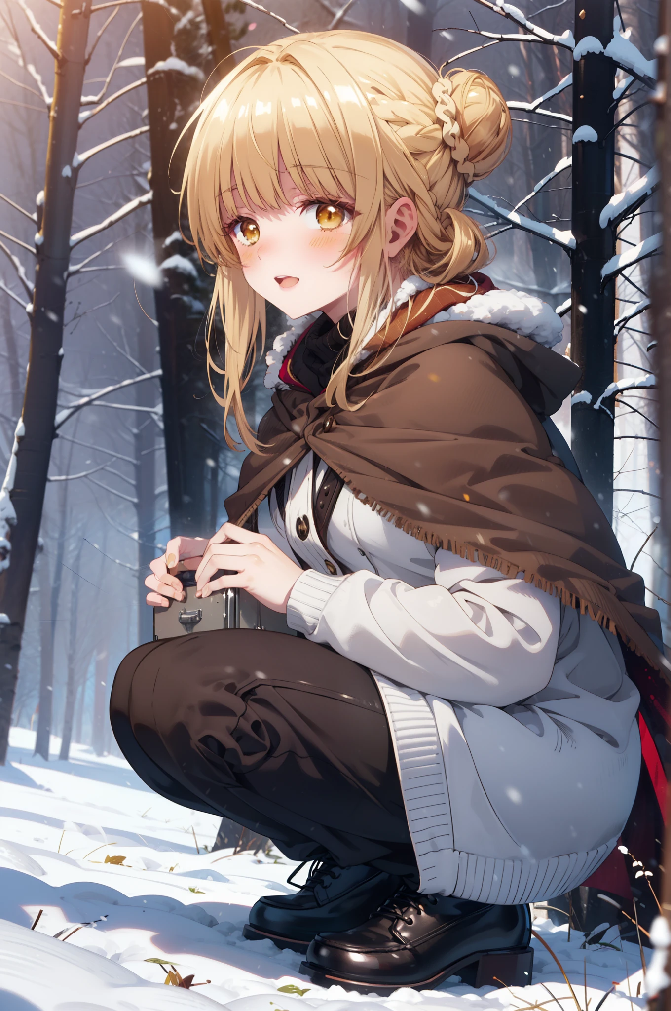 This is Mahirshina, Mahiru shiina, blonde, (Brown eyes:1.7), Long Hair, happy smile, smile, Open your mouth,Hair Bun, single Hair Bun,blush,White Breath,
Open your mouth,snow,Ground bonfire, Outdoor, boots, snowing, From the side, wood, suitcase, Cape, Blurred, Increase your meals, forest, White handbag, nature,  Squat, Mouth closed, フードed Cape, winter, Written boundary depth, Black shoes, red Cape break looking at viewer, Upper Body, whole body, break Outdoor, forest, nature, break (masterpiece:1.2), highest quality, High resolution, unity 8k wallpaper, (shape:0.8), (Beautiful and beautiful eyes:1.6), Highly detailed face, Perfect lighting, Highly detailed CG, (Perfect hands, Perfect Anatomy),