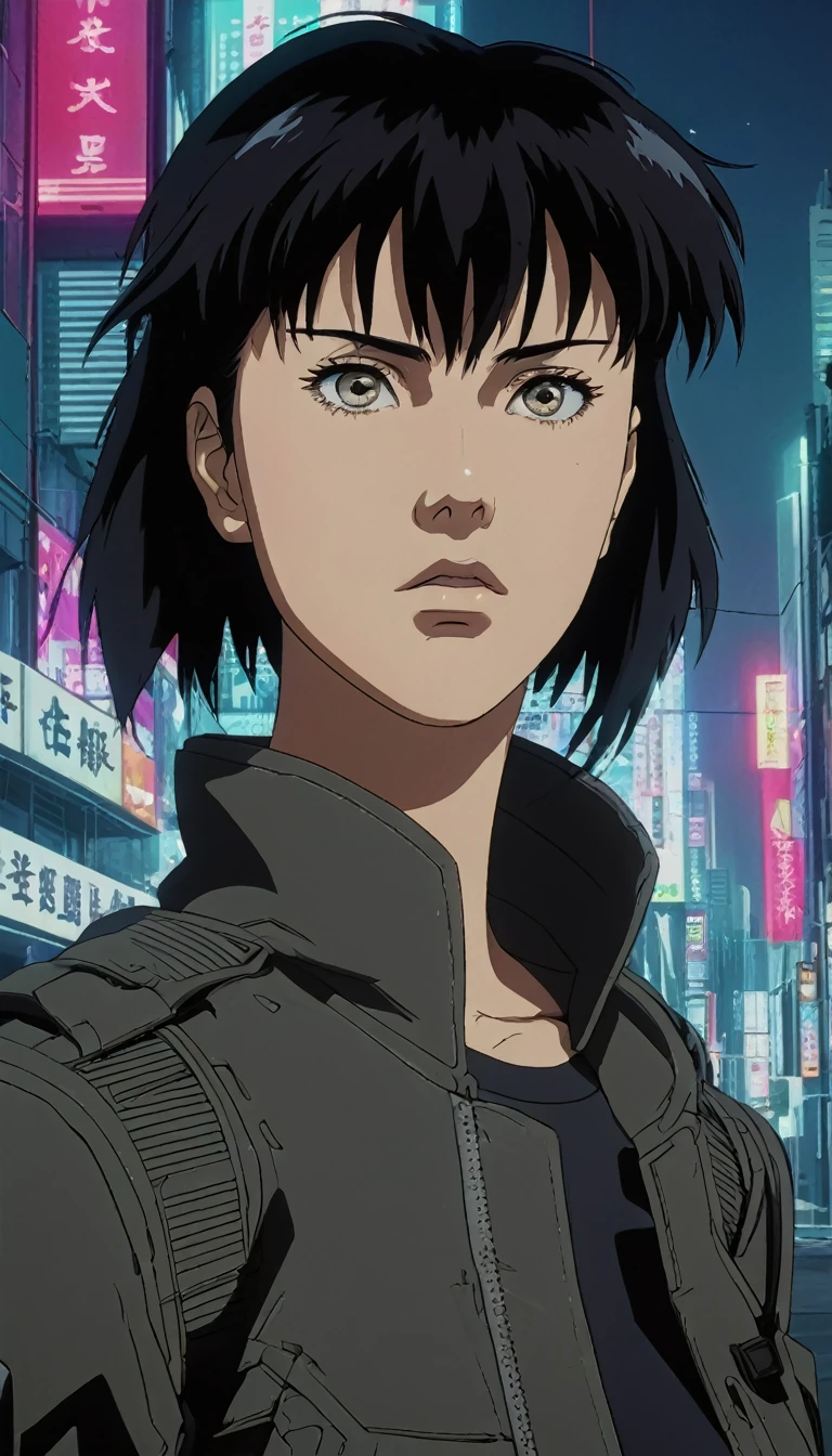 90s anime style cyberpunk portrait of Motoko Kusanagi, dynamic action pose holding gun, detailed cybernetic body, dark toned colors, chiaroscuro lighting, photorealistic, intricate mechanical details, highly detailed face and eyes, dramatic shadows, 8k, cinematic composition