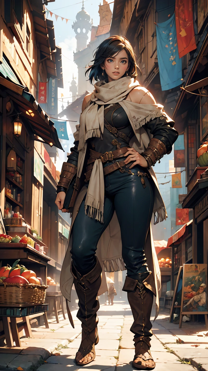 A picture of a woman with a scarf around her neck, Craig Mullins Alphonse Mucha, Artgerm Craig Mullins, Beautiful character drawings, Lads and Lois Van Baarle, Artjam and Athi Gairan, Charlie Bowter: Rich and deep colors, Lostrun 8k, ( ( Heaps of food ) ), Artgerm and Craig Mullins