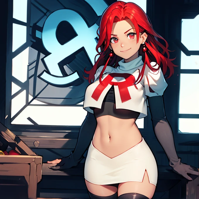 Hapi, red hair, Team rocket, team rocket uniform, red letter R, white skirt,white crop top,black thigh-high boots, black elbow gloves, evil smile, earrings, large breasts
