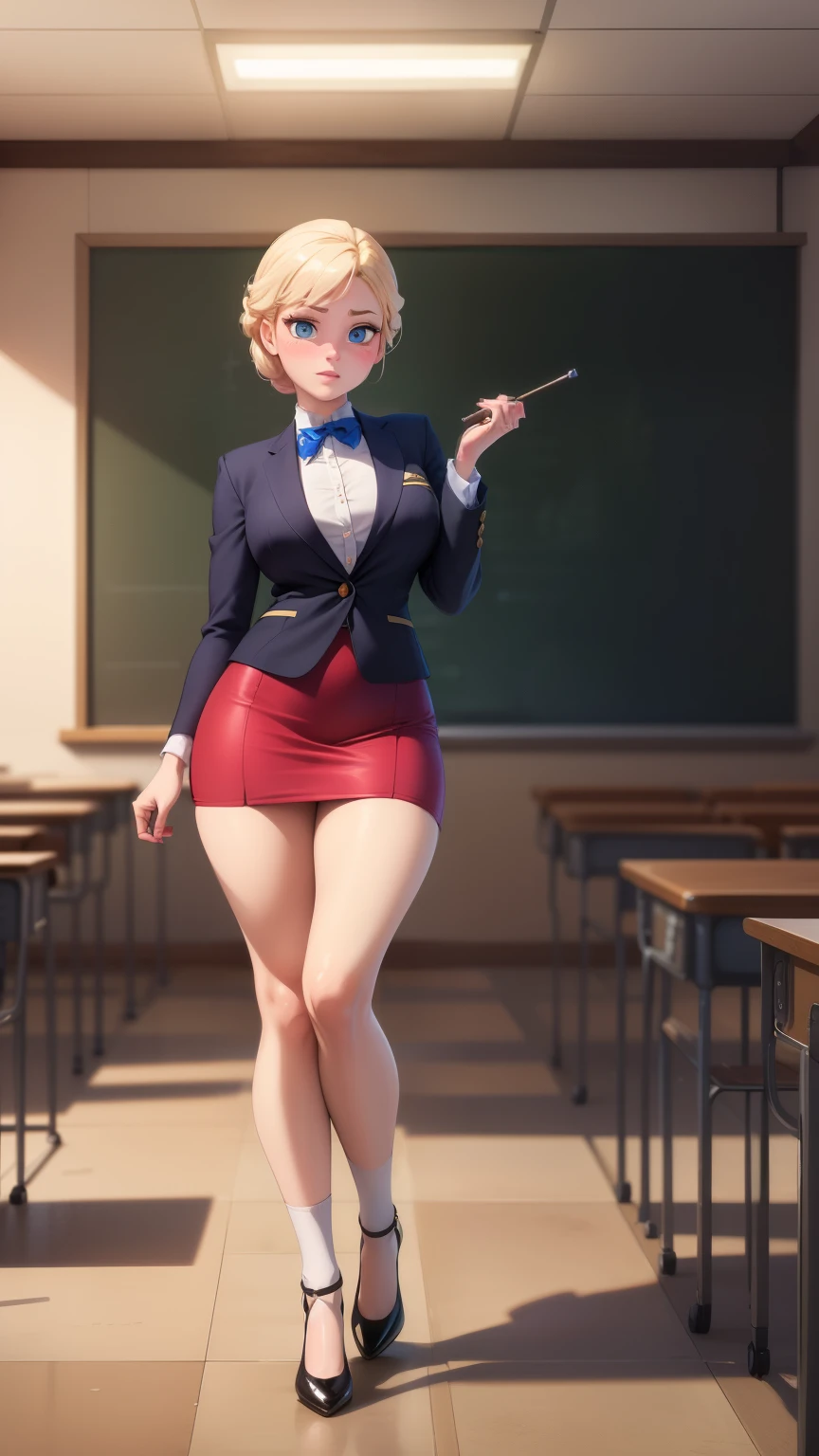 Shermie, ((masterpiece, highest quality)), Full body view, Bursting breasts, Fine skin, Anna from Frozen is your teacher, In the classroom, High heels, socks, Elegant teacher suit, Above the knee skirt, Very detailed, Cinema Lighting, Ultra-realistic, blush, Looking at the viewers, Anna, Anna from the movie
