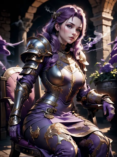 (Masterpiece, Superb Detail, Super Detailed, High Resolution), Male Focus, (((Female Armor))), (((Armor Purple Dress Set))), (Sh...