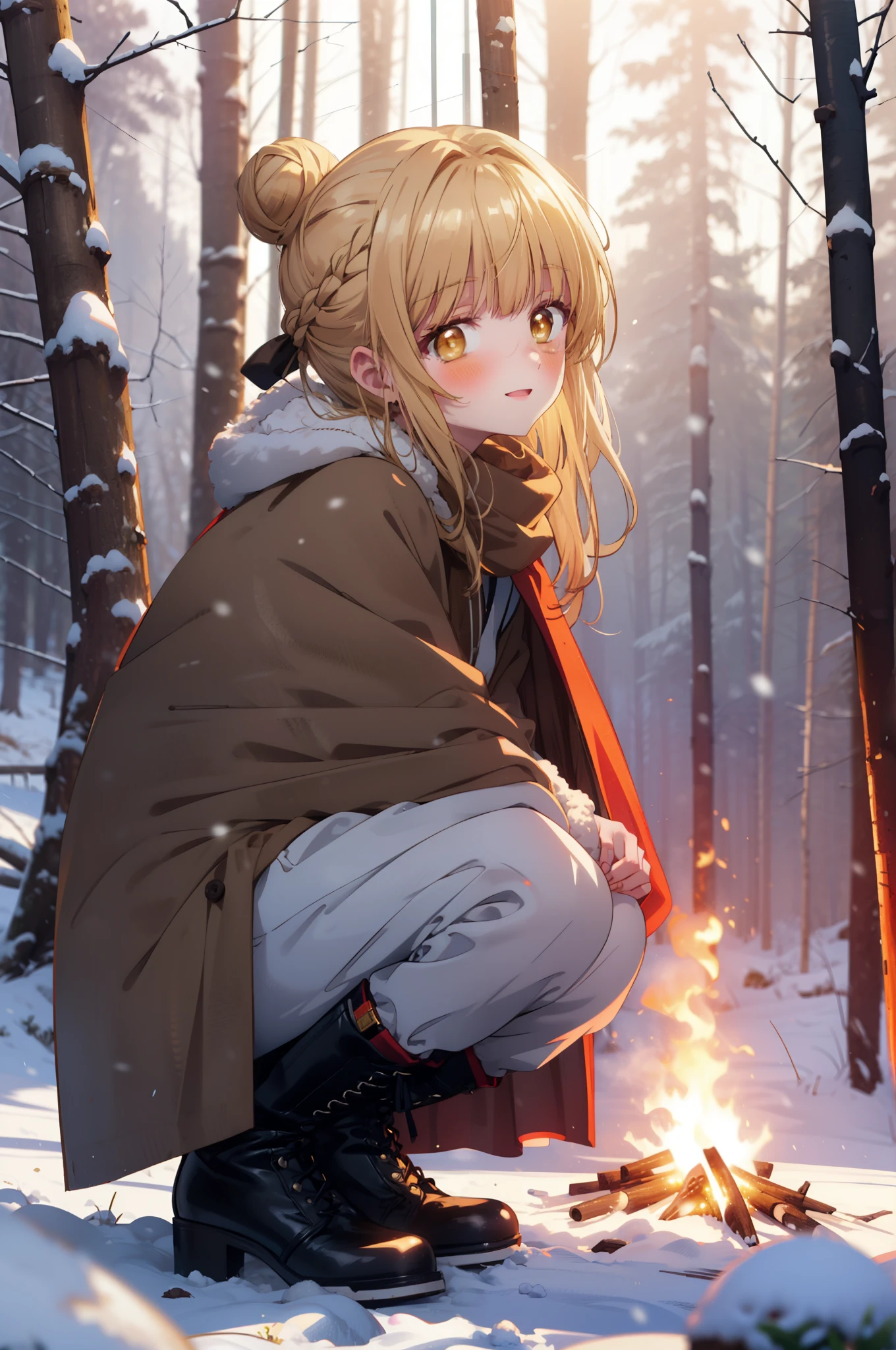 This is Mahirshina, Mahiru shiina, blonde, (Brown eyes:1.7), Long Hair, happy smile, smile, Open your mouth,Hair Bun, single Hair Bun,blush,White Breath,
Open your mouth,snow,Ground bonfire, Outdoor, boots, snowing, From the side, wood, suitcase, Cape, Blurred,  forest, White handbag, nature,  Squat, Mouth closed, フードed Cape, winter, Written boundary depth, Black shoes, red Cape break looking at viewer, Upper Body, whole body, break Outdoor, forest, nature, break (masterpiece:1.2), highest quality, High resolution, unity 8k wallpaper, (shape:0.8), (Beautiful and beautiful eyes:1.6), Highly detailed face, Perfect lighting, Highly detailed CG, (Perfect hands, Perfect Anatomy),