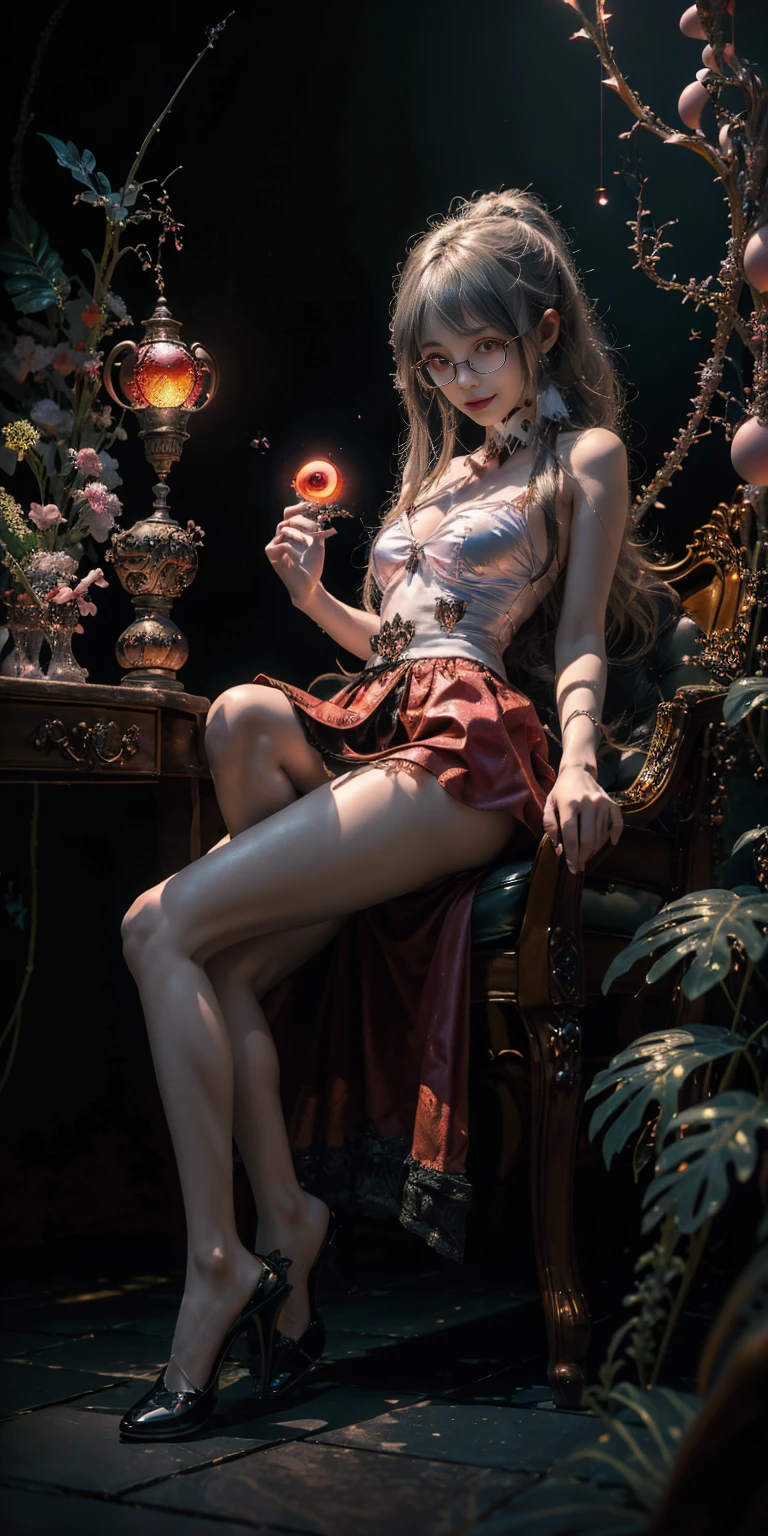 (The best illustrations)、realisitic、ultra-detailliert、The best lighting、Best Shadows、alluring succubus, ethereal beauty, perched on a cloud, (fantasy illustration:1.3), enchanting gaze, captivating pose, delicate wings, otherworldly charm, mystical sky, (Luis Royo:1.2), (Yoshitaka Amano:1.1), Dungeon and Dragon、caves、Dungeon、 A Necromancer、natta、Dark style、Succubus、Devil's Daughter、Bat Wings，(((Demon Hornlack-rimmed round glasses))))、(red eyes glowing:1.6)、​beautiful countenance、Tindall Effect、(High Detail Skins:1.2) absurderes、Ponytail distortion、jewely、Beautiful expression、Toned waist、Wide buttocks、Tindall Effectmasuter piece、top-quality、Highest Standards、Top image quality、masutepiece、intricate detailes、High resolution、Depth Field、natural soft light、profetional lighting、Great smile、(High Detail Skin: 1.2)、photorealistic anime girl render、Strong highlights of the eyes、Perfect Anatomy、crotch open、Shy、Spreading your legs、Panties are visible、Skirt flipping、Body shiny with oilerectile nipple))、8K resolution、intricate clothing、Intricate details、Panties visible through the skirt、Panties in full view、Small panties, pink nipple, pink pussy