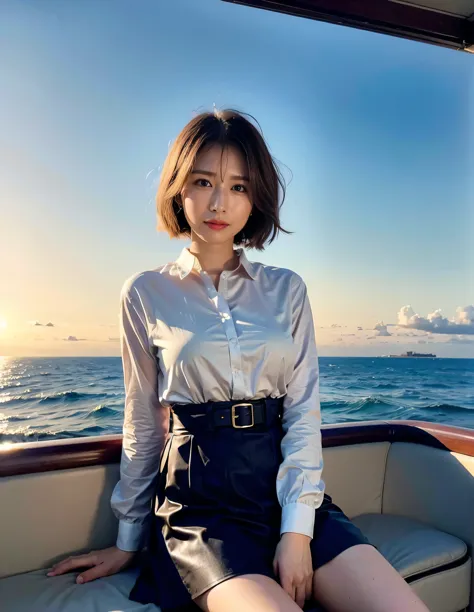 Woman standing on a boat、Light brown hair、Elegant hairstyle、Blue Eyed Woman、A woman with a cute upward gaze、When the sky gets da...