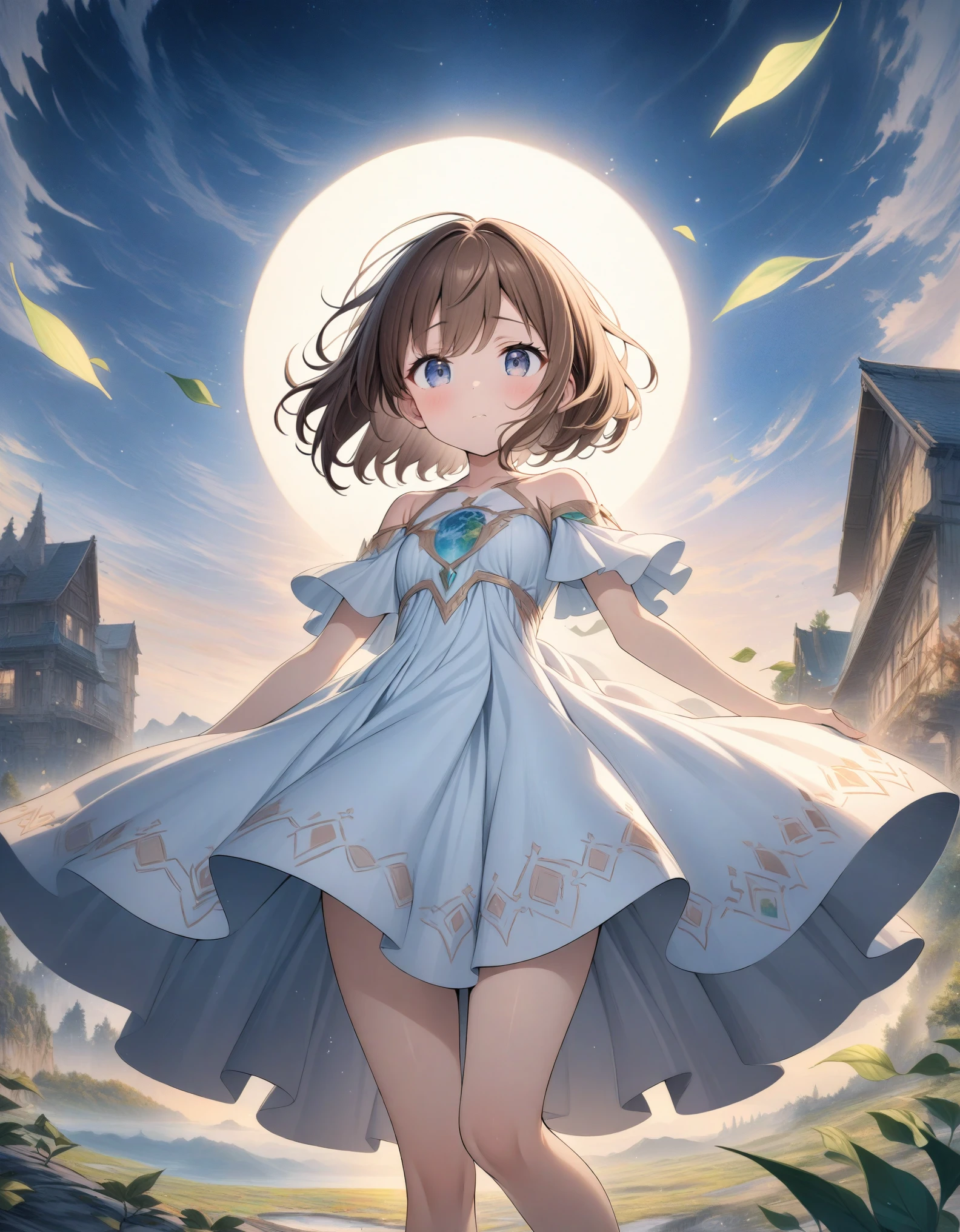 ((style:Colored pencil,pale colour)),(anime)、(masterpiece:1.2),atmospheric perspective,lens flare、Land of Earth、(Princess of the Earth)、Otherworldly fantasy、cute、Leaves are flying around、Brown princess dress with earth motif、Light effects、Brown Hair、Droopy eyes、Short Bob、18-year-old