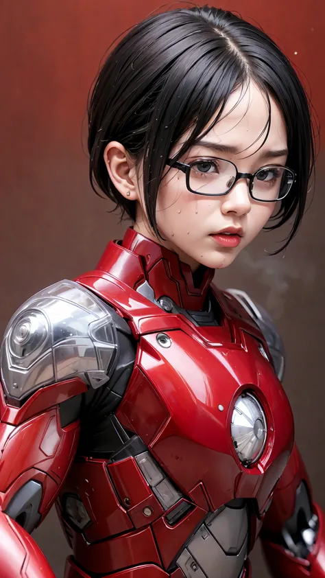highest quality　8k Red Iron Man Suit Girl　Kindergarten girl　Sweaty face　cute　short hair　boyish　Steam coming from the head　My hai...