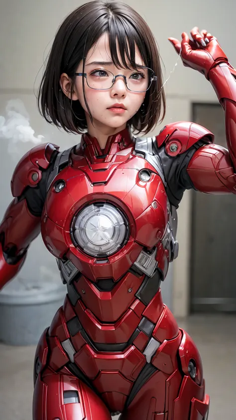 highest quality　8k Red Iron Man Suit Girl　Kindergarten girl　Sweaty face　cute　short hair　boyish　Steam coming from the head　My hai...