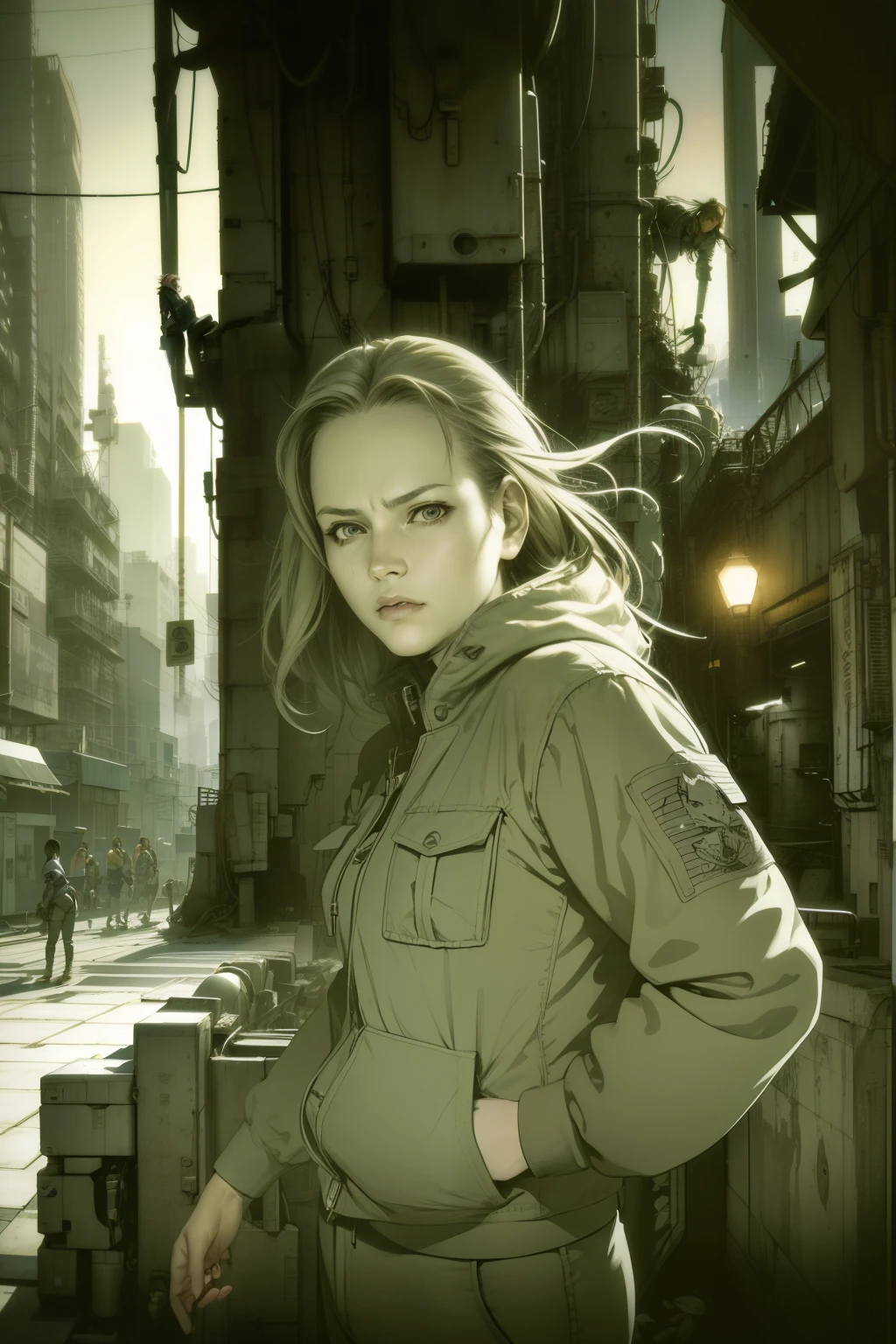 dynamicposes、(comic book style),(linear art_Anime),(masutepiece_Best Quality),(Cowboy Shot),Beautiful fece, (​masterpiece:1.2), (top-quality:1.2), perfect  eyes, face perfect, Perfect litthing, girl with、(jaket_Cargo pants),Background of Cyberpunk City、the complex background、