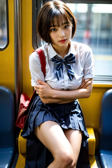 (8K、Raw photo、highest quality、masterpiece:1.2)、(realistic、Photoreal)、1 girl,(High school girl pulls up her skirt on the train an...
