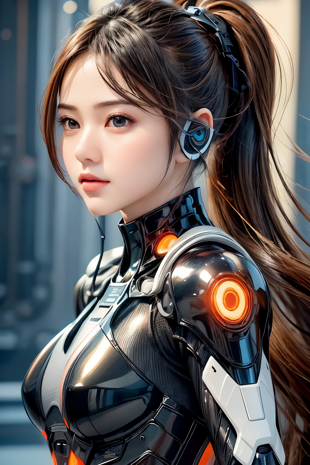 Top Quality, Masterpiece, Ultra High Resolution, (Photorealistic: 1.4), Raw Photo, 1 Girl, Black Hair, Glossy Skin, 1 Mechanical Girl, (((Ultra Realistic Details)), (realistic face: 1.2), realistic skin, Global Illumination, Shadows, Octane Rendering, 8K, Ultra Sharp, Intricate Ornaments Details, wearing Futuristic Headphone,  Futuristic headgear, very intricate detail, realistic light, CGStation trend, brown eyes, glowing eyes, matte black and glossy orange bodysuit, orange lining on suit, Long hair, Ponytail hair, half body shot, spaceship bridge background, dynamic pose, she claps her hands 