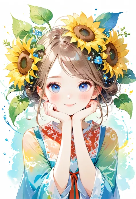 A beautiful smiling girl, her hands on her cheeks, sunflowers and wildflowers on her hair, a colorful watercolor splashing penci...