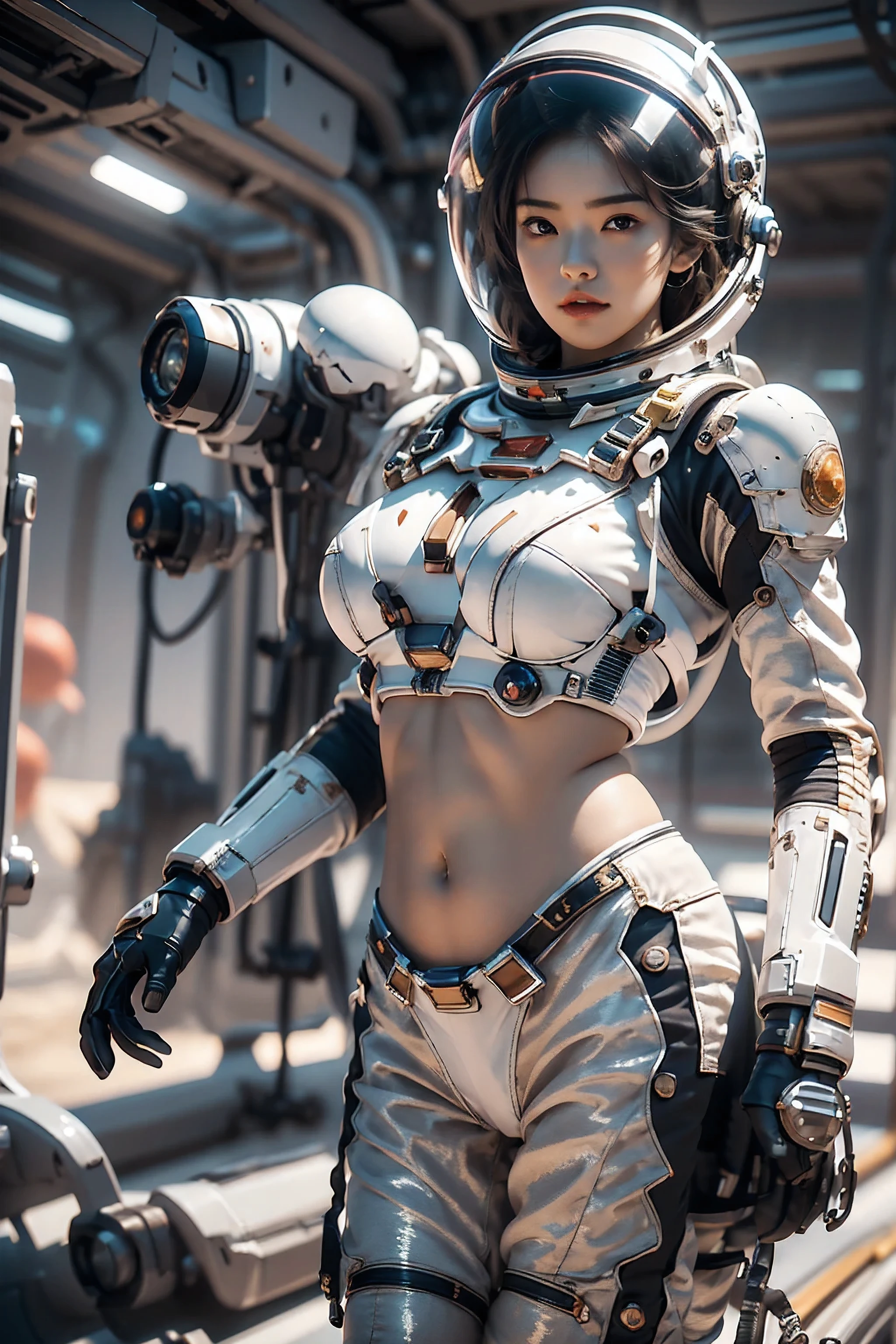 arafed woman wear bikini space suit stand and posing, space girl. sexy bikini Space suit, bare belly, belly open, midriff, stomach, High detail skin,cowboy shot, deep depth of space, universe background, Realistic skin details, Visible pores, sharp focus, SLR camera, photorealism, Photography, (Professional photography, sharp:1.2), (Portrait shoot), Perfect dynamic composition, (natural sunlight), (soft shadow), (Perfect body:1.4), Ultra-detailed faces and skin, perfect asian, White skin, (Delicate skin:1.3), (perfect glowing skin:0.6), beautiful eyes, round eyes, pretty face, blush, glossy lips, high nose bridge, shiny eyes, Perfectly proportioned face, Really moist skin, exquisite expression, looking at camera, super high resolution (photorealistic: 1.4), space_helmet, firmament, official art, extremely detailed CG unity 8k wallpaper, highly detailed, masterpiece, best quality