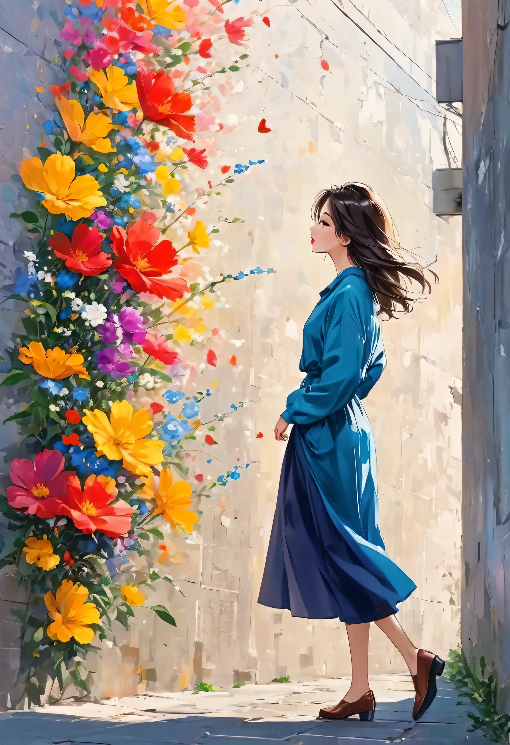 Watase Seizo style, 높은 벽 앞에 서서，단순한 선 이니셜리즘，추상 미술，도시 배경, (((가장 아름다운 소녀))), 사랑에 빠진 입술, 걷는, 화려한 꽃