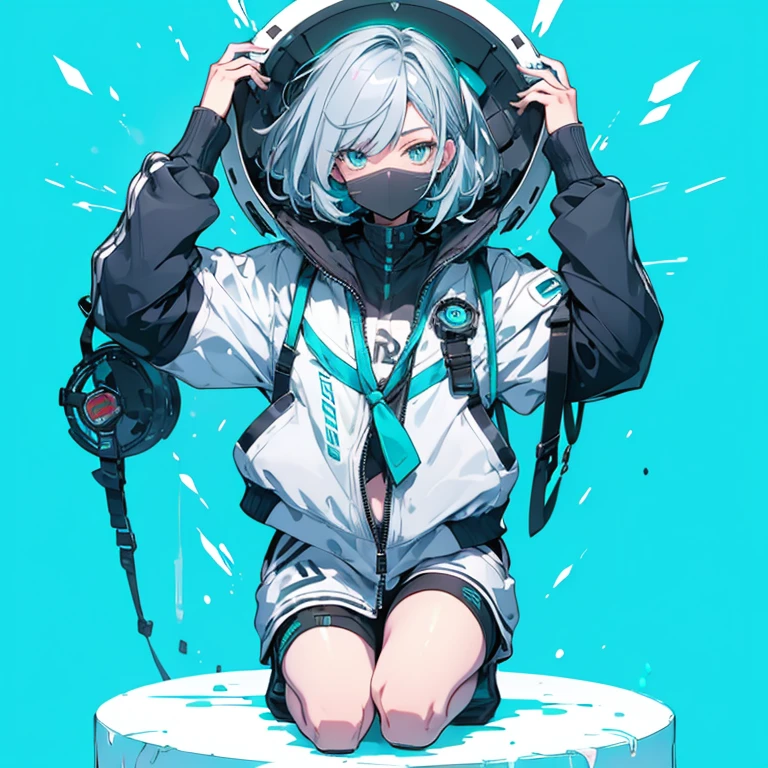 (Tabletop:1.2, highest quality),  [One Girl, Expressionless, Turquoise Eyes, slate gray hair, Half Shortcut,White jacket,The jacket comes off, Leaning forward with hands on knees ,Upper Body]