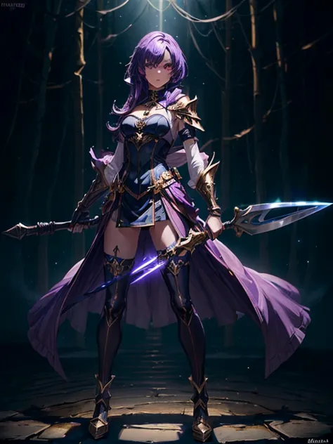 Design a layout showcase Gaming character, (1girl). 
Golden|Purple clothes, stylish and unique. 
((showcase weapon:1.4)), magic ...