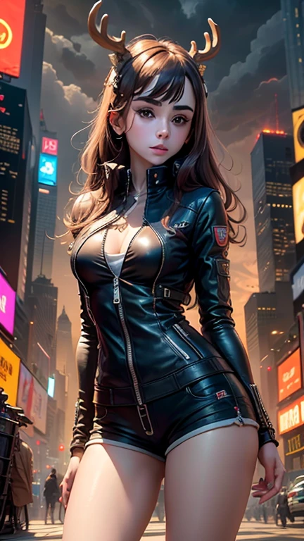 Lily Collins,tall figure，skin，Shorts，short long button，zipper，Complex workmanship，icon，company logo，future technology，streets of times square, deer，Large machinery building，big gear，doomsday ruins，giant tornado，Baiyun