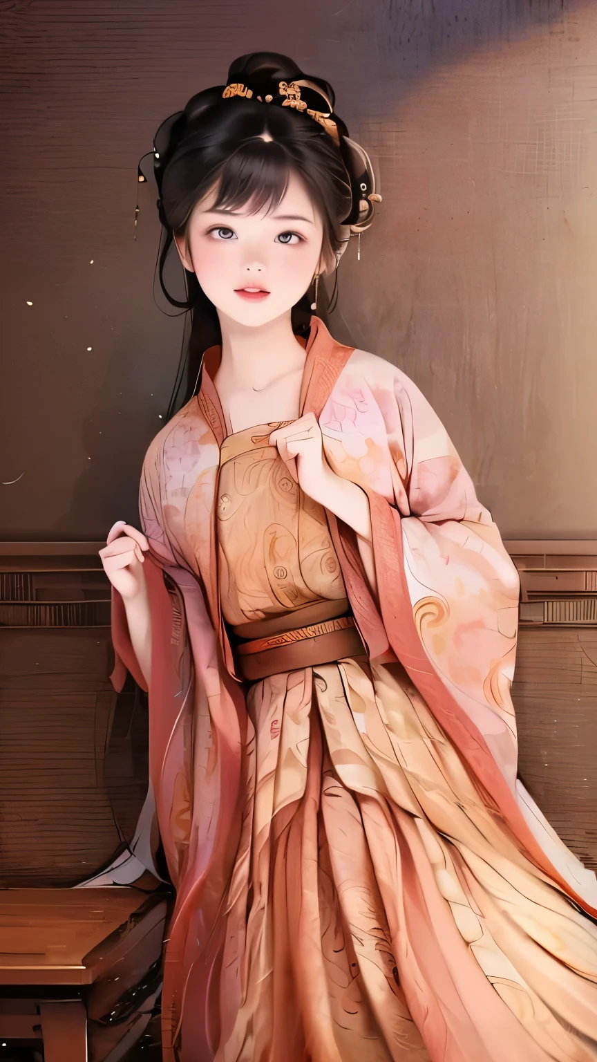 ((imagen de tinta tradicional china de alta definición, hermosa-hanfu)), (dibujado a mano), (vestido casual femenino con varios estampados), ((cara redonda, ojos con tamaño realista, ojos caídos, rubor, sudor, sonrisa de vergüenza, Labios delgados, abre sus piernas)), (((de pie para golpear su entrepierna con la esquina de la mesa, orgasm))), Boca abierta,