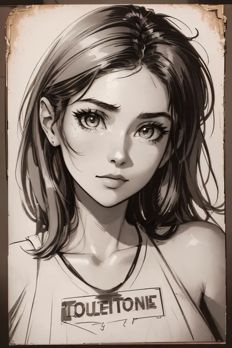 A girl in a mugshot, sketch, black and white, cute, detailed features, vintage style, high contrast lighting, expressive eyes, t...