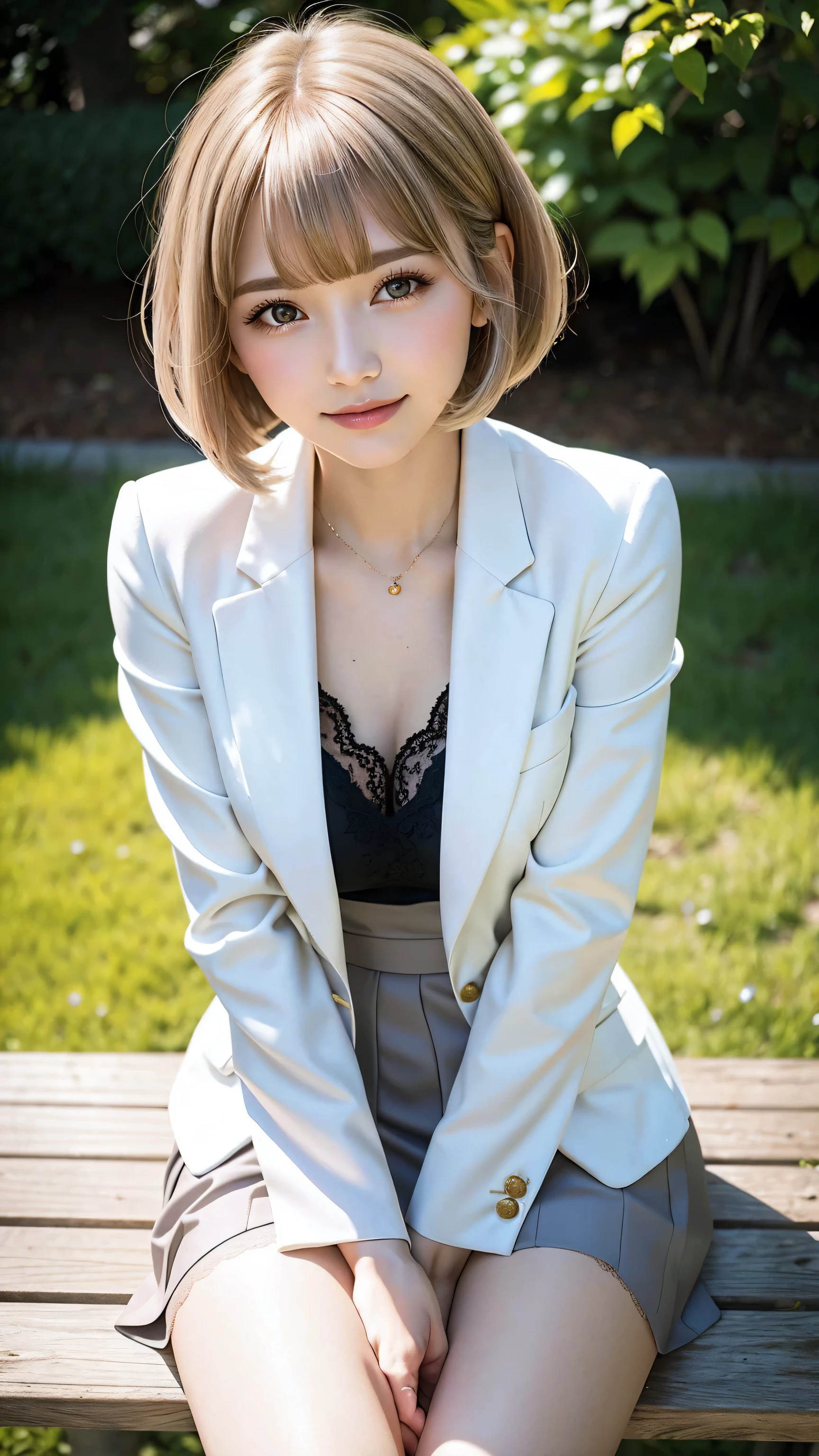 sunny day, Elegant photo of a girl in a blazer dress, (Puffy eyes:1.05), (White lace shirt), Platinum brown hair, (Angled Bob:1.4), Flat bangs, (Flowing hair), smile, Happy, happiness, Skin with attention to detail, Skin pores, A beautiful innocent symmetrical face, Long eyelashes, Black eyeliner, Light gold eyeshadow,(Sit on a bench), Crossed_feet, Emotional, Wind, garden, wood, Grass, masterpiece, highest quality, Realistic,Bobcut